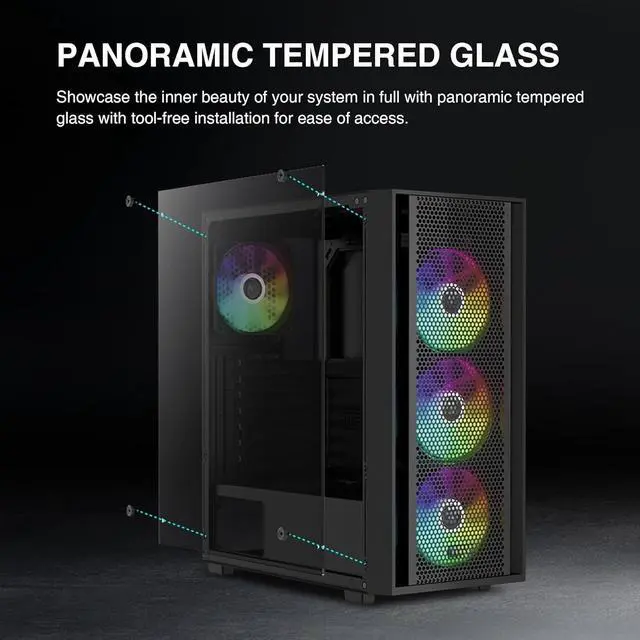 Alt view image 4 of 6 - Computer PC Case with Tempered Glass, 4X 120mm ARGB PWM Fans Gaming Case, Support Up to 6X 120mm Fans, 360mm AIO/Radiator