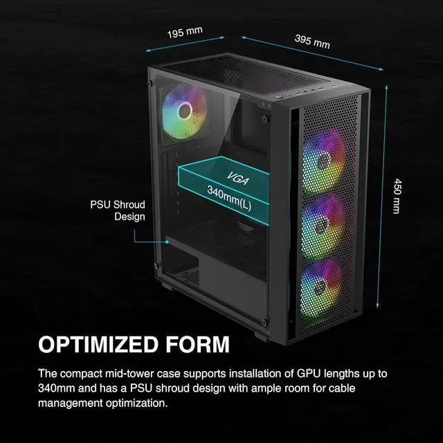 Alt view image 6 of 6 - Computer PC Case with Tempered Glass, 4X 120mm ARGB PWM Fans Gaming Case, Support Up to 6X 120mm Fans, 360mm AIO/Radiator