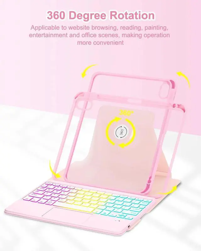 Alt view image 4 of 5 - Touchpad Keyboard Case for iPad (A16) 11th 10th Generation, 360 Rotation Cover with Pencil Holder Wireless Backlit Detachable Keypad