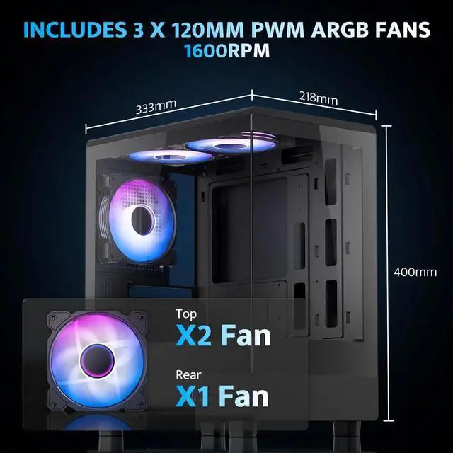 Alt view image 3 of 6 - Pre-Install 3 PWM ARGB Fans Computer Case, Full View Dual Tempered Glass MATX Gaming PC Case, Type C Port, Supports up to 240mm AIO(DB330M) (Black)
