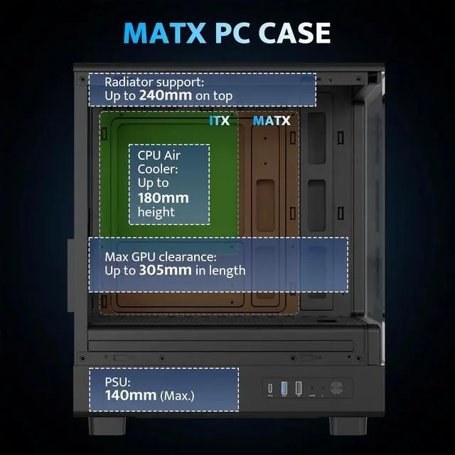 Alt view image 6 of 6 - Pre-Install 3 PWM ARGB Fans Computer Case, Full View Dual Tempered Glass MATX Gaming PC Case, Type C Port, Supports up to 240mm AIO(DB330M) (Black)