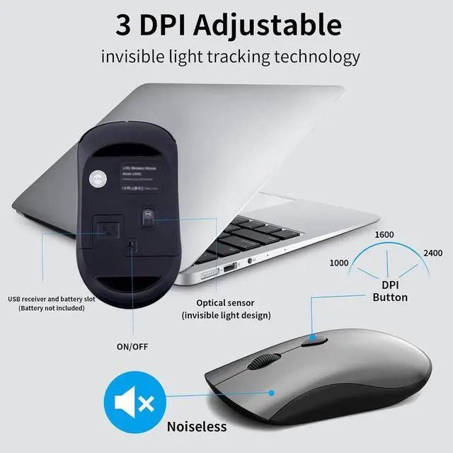Alt view image 6 of 6 - Wireless Mouse and Keyboard Combo, Silent Full-Size Computer Keyboard with Calculator Button,2400 DPI Mouse - Space Grey
