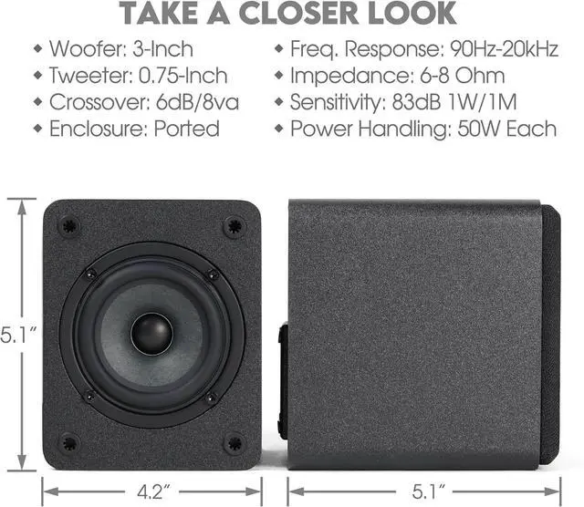 Alt view image 5 of 6 - Passive Bookshelf Speakers, 3-Inch Woofer, 0.75-Inch Tweeter, Wall Mountable, Pair, Black