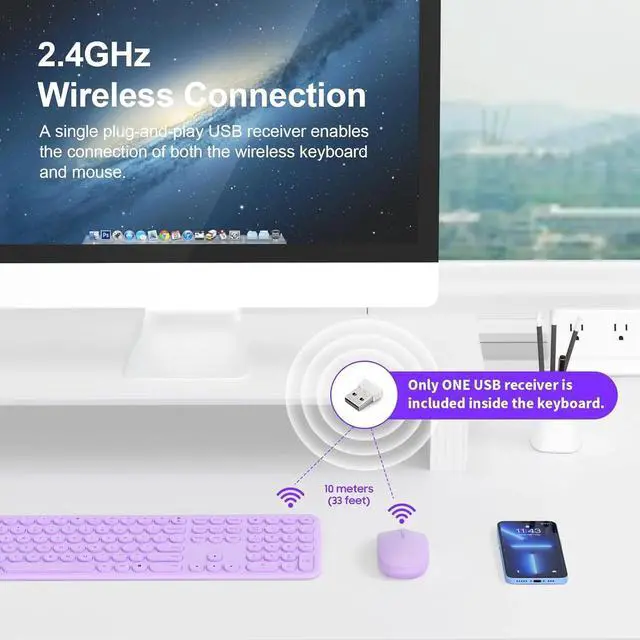 Alt view image 2 of 6 - Cute Wireless Keyboard and Mouse Combo Slim 2.4GHz USB Cordless Full Size Silent Retro KeyboardUpgraded Violet