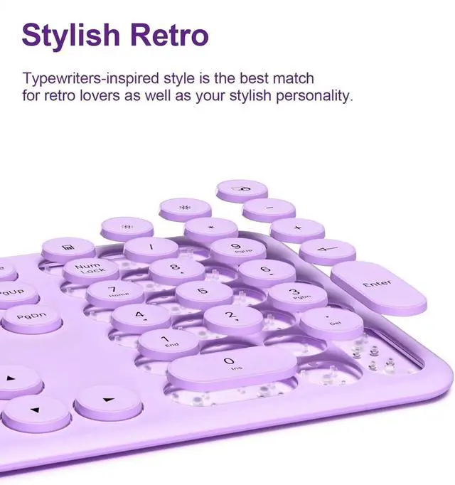 Alt view image 3 of 6 - Cute Wireless Keyboard and Mouse Combo Slim 2.4GHz USB Cordless Full Size Silent Retro KeyboardUpgraded Violet