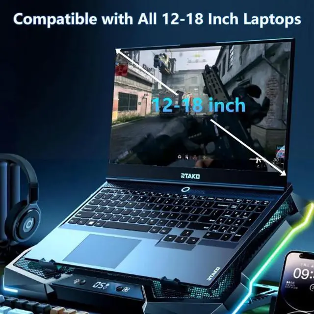 Alt view image 4 of 6 - FOR Gaming Laptop Cooling Pad, RGB Lights Laptop Cooler with 10 Powerful Turbo Fans for 12-18 Inch Notebooks