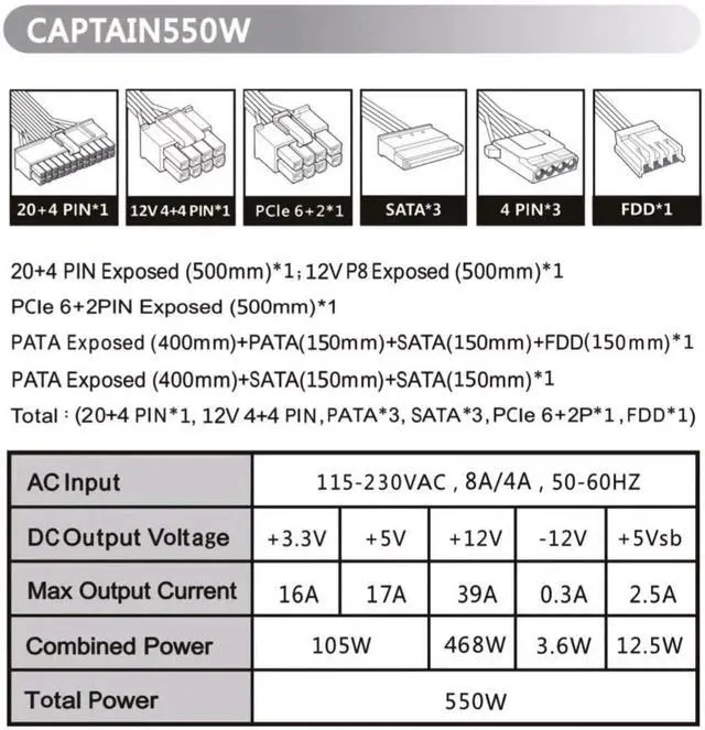 Alt view image 6 of 6 - CAPTAIN550 ATX Power Supply with All Black Cables