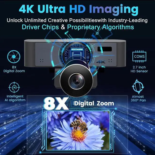 Alt view image 2 of 6 - 4K Webcam with Remote, RC16 Computer Camera with Microphone,1080p 60fps FHD,AI Tracking,Privacy Cover