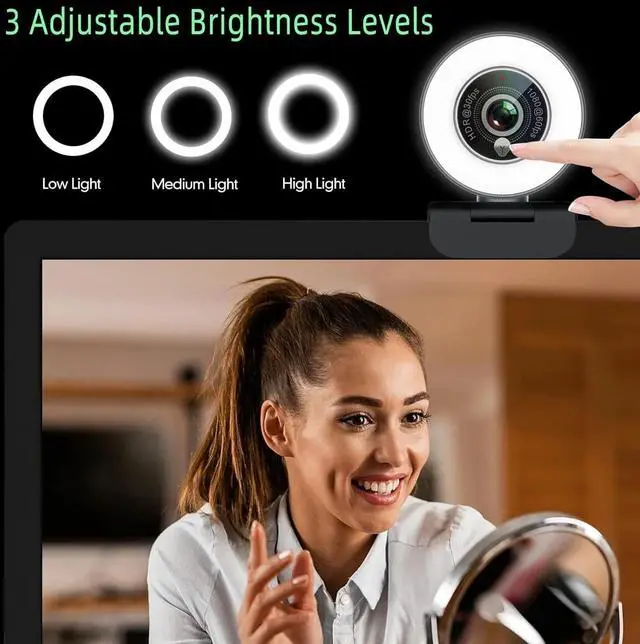 Alt view image 3 of 6 - 1080p Webcam with Ring Light for Streaming: USB 60FPS Web Camera with Microphone-HDR-Enabled-HD Auto Light Correction Web Cam with Adjustable FOV