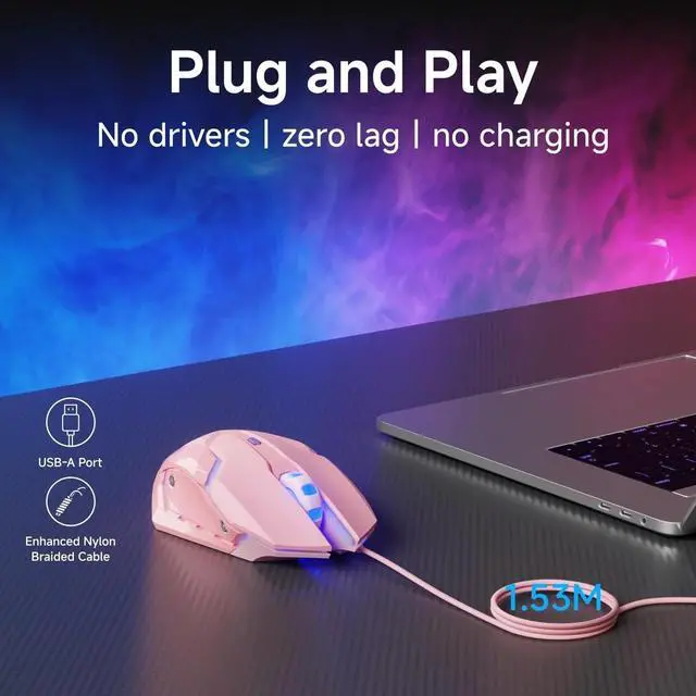 Alt view image 2 of 6 - Wired Gaming Mouse, 2400 DPI Wired Optical Mouse with 6 Programmable Macro Buttons, Metal Base - Pink