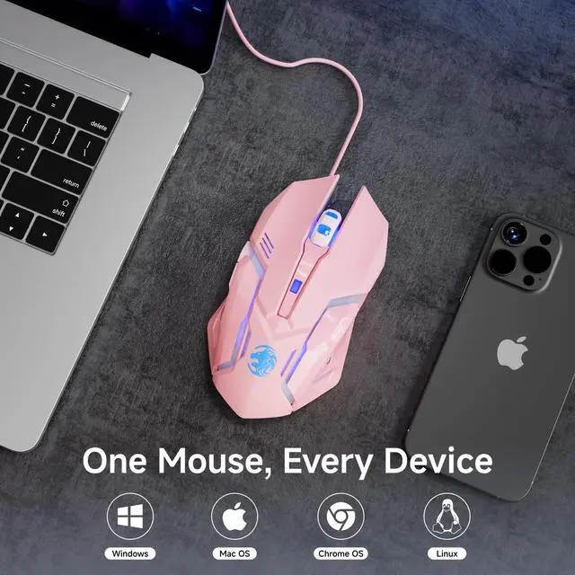 Alt view image 4 of 6 - Wired Gaming Mouse, 2400 DPI Wired Optical Mouse with 6 Programmable Macro Buttons, Metal Base - Pink