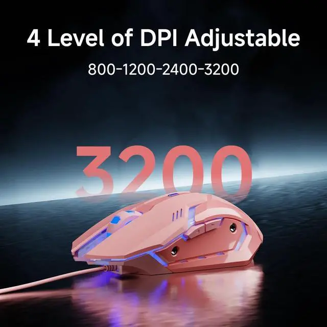 Alt view image 6 of 6 - Wired Gaming Mouse, 2400 DPI Wired Optical Mouse with 6 Programmable Macro Buttons, Metal Base - Pink