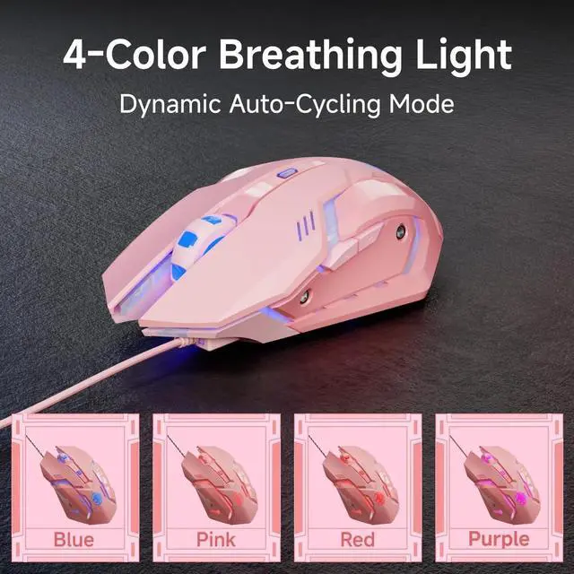 Alt view image 5 of 6 - Wired Gaming Mouse, 2400 DPI Wired Optical Mouse with 6 Programmable Macro Buttons, Metal Base - Pink