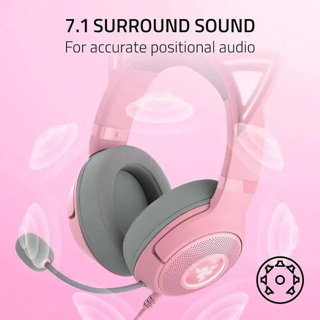 Alt view image 6 of 6 - Wired Headset: Chroma RGB Kitty Ears - Stream Reactive Lighting - 40 mm Drivers - 7.1 Surround Sound - Quartz Pink