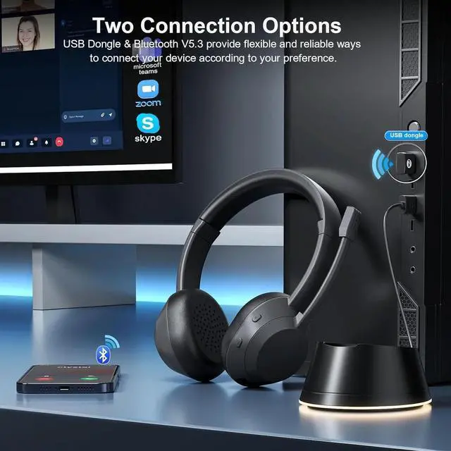 Alt view image 3 of 6 - Wireless Headset, Bluetooth Headphones with Mic(AI Noise Cancelling), 65 Hrs Working Time with USB Dongle