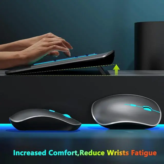 Alt view image 4 of 6 - Wireless Keyboard and Mouse Combo Backlit - Compact Quiet Keyboard with RGB Mouse, Rechargeable (Space Gray)