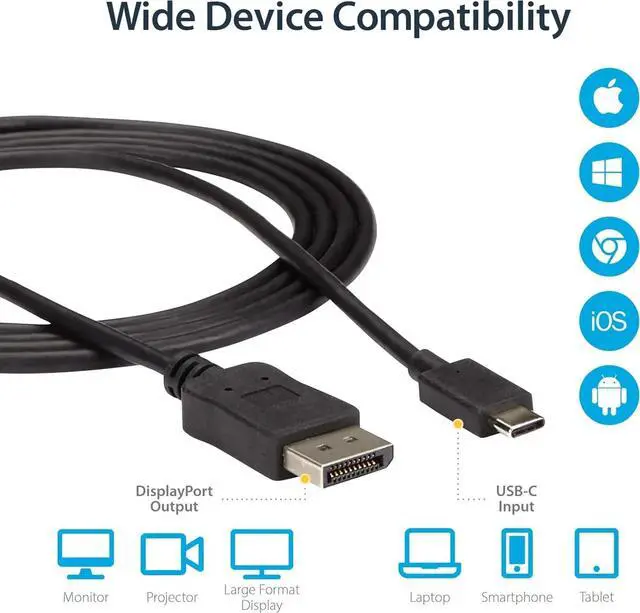 Alt view image 5 of 6 - 6ft/1.8m USB C to DisplayPort 1.2 Cable 4K 60Hz - USB-C to DP Adapter HBR2 - USB (CDP2DPMM6B)