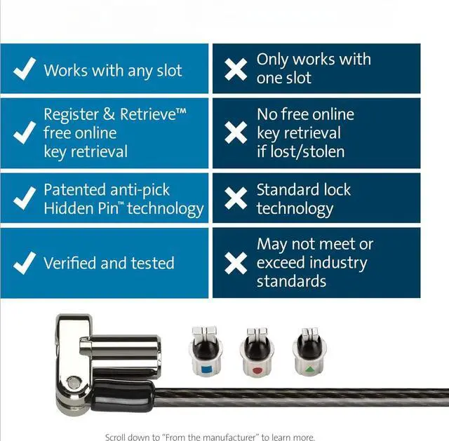 Alt view image 6 of 6 - 3-in-1 Keyed Laptop Locking Cable, Computer Security Keyed Lock, T-bar, Nano, Wedged-shaped (K62318WW)