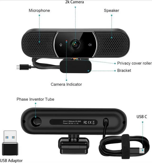 Alt view image 6 of 6 - 3 in 1 Webcam - 2K HD USB C Webcam with Microphone and Speaker, Stereo Sound & Noise-Cancelling Mics