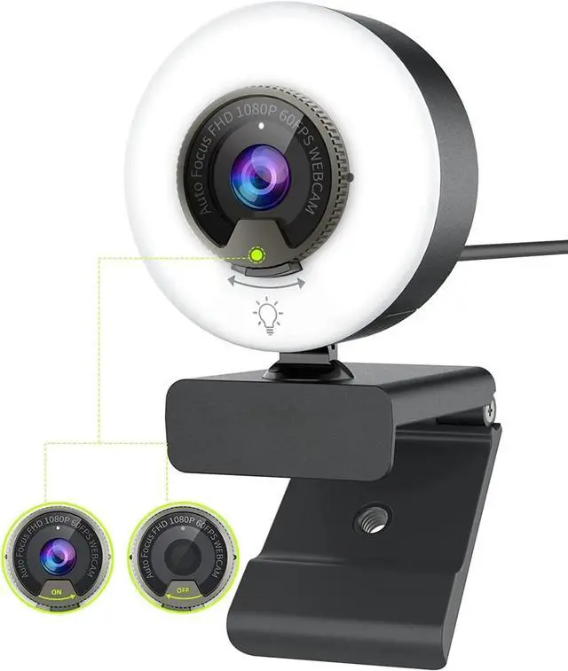 Main image of 1080P 60FPS Webcam with Light, Fast AutoFocus, Built-in Privacy Cover, USB Web Camera, Dual Stereo Microphone