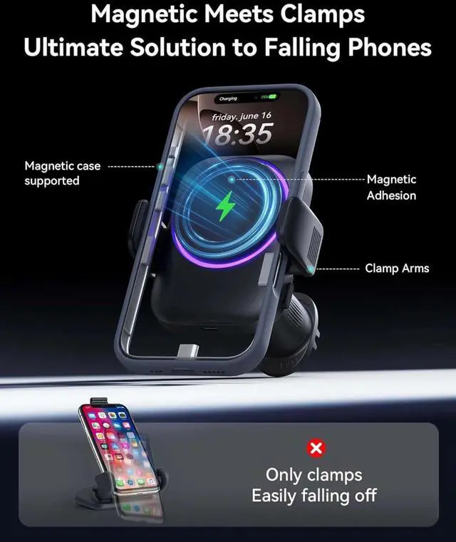 Alt view image 2 of 5 - Car Phone Holder, Qi2 Certified Wireless Car Charger for Cell Phone Mount Dash360° Phone Mount Auto Clamping