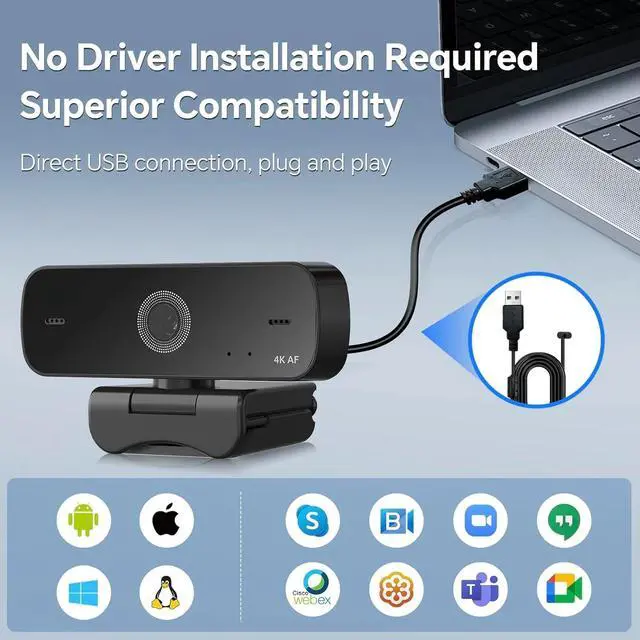 Alt view image 6 of 6 - 4K Webcam for PC, 4K UHD USB Webcam with Microphone, New Upgraded Auto Focus, Low Distortion, Privacy Cover, PC Camera
