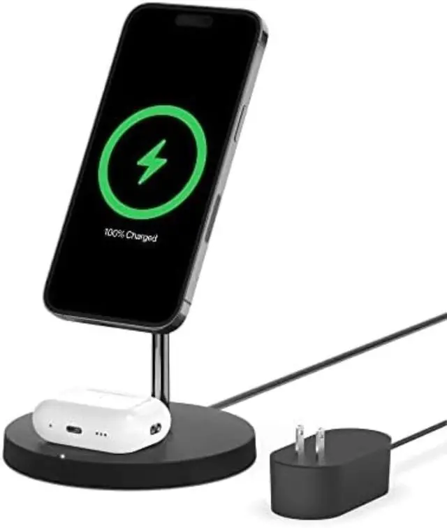 Main image of 2-in-1 Wireless Charging Stand for Apple iPhone 16, iPhone 15, iPhone 14, iPhone 13 Series & AirPods - Black