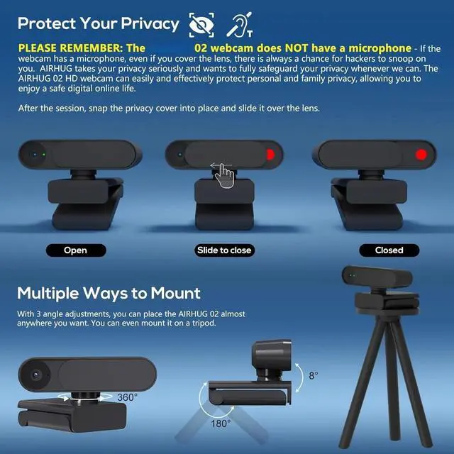 Alt view image 2 of 6 - Webcam No Mic with Privacy Cover, USB Web Cam for Computer and Laptop Plug & Play, Web Camera Without Audio