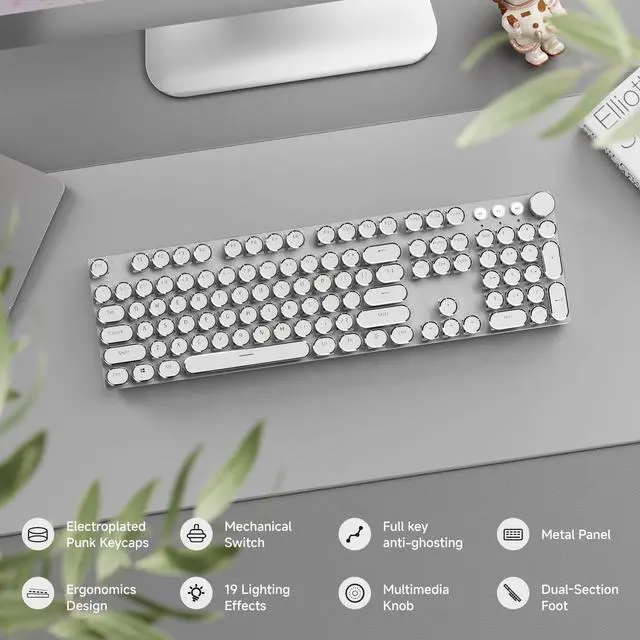 Alt view image 2 of 6 - Typewriter Style Mechanical Gaming Keyboard, Wired Mechanical Keyboards,104 Keys Backlit, Media Control Knob - White