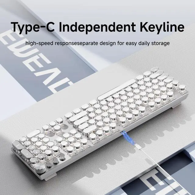 Alt view image 3 of 6 - Typewriter Style Mechanical Gaming Keyboard, Wired Mechanical Keyboards,104 Keys Backlit, Media Control Knob - White