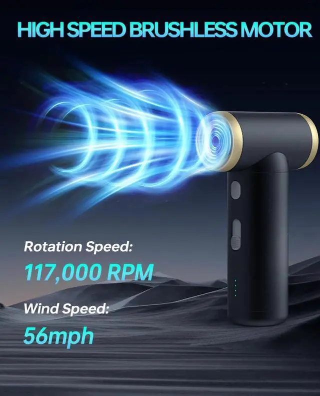 Alt view image 3 of 6 - Electric Air Duster - Jet Fan 2S Rechargeable, 117000RPM Brushless Motor, Metal Shell, 56 MPH Wind Speed (Black)