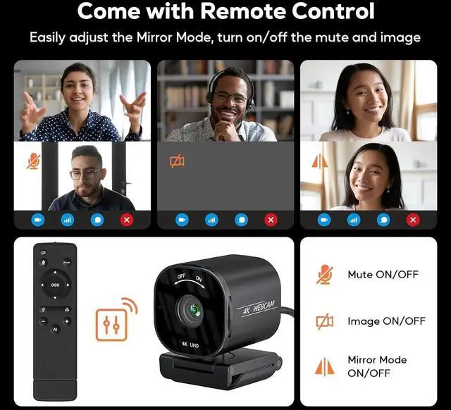 Alt view image 3 of 6 - 4K USB Webcam with 4 Noise-Canceling Mics, 50-92 FOV, Built-in OSD & Privacy Cover, Plug & Play