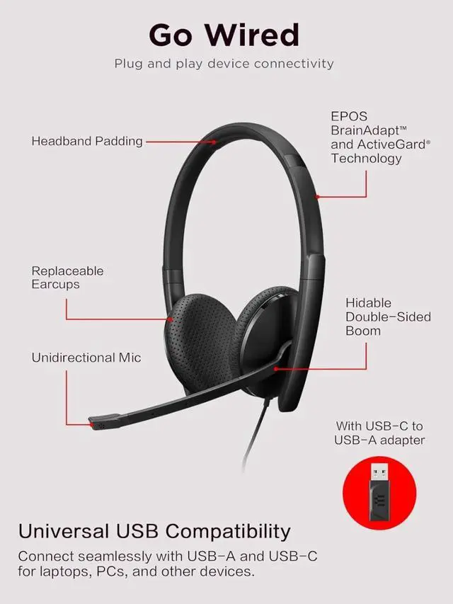 Alt view image 6 of 6 - Wired VoIP Headset. with EPOS BrainAdapt & ActiveGard Technology, UC Platform Optimized, USB-C Plug, Lightweight Design