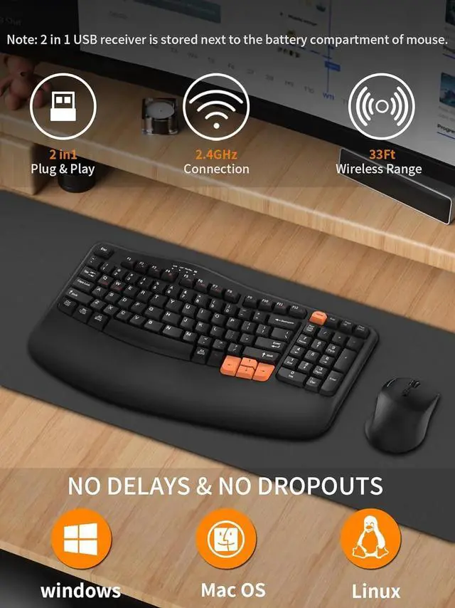Alt view image 2 of 6 - Wireless Keyboard and Mouse Combo, 2.4G Wave Keys Ergonomic Keyboard with Palm Rest and 3 DPI Silent Mouse
