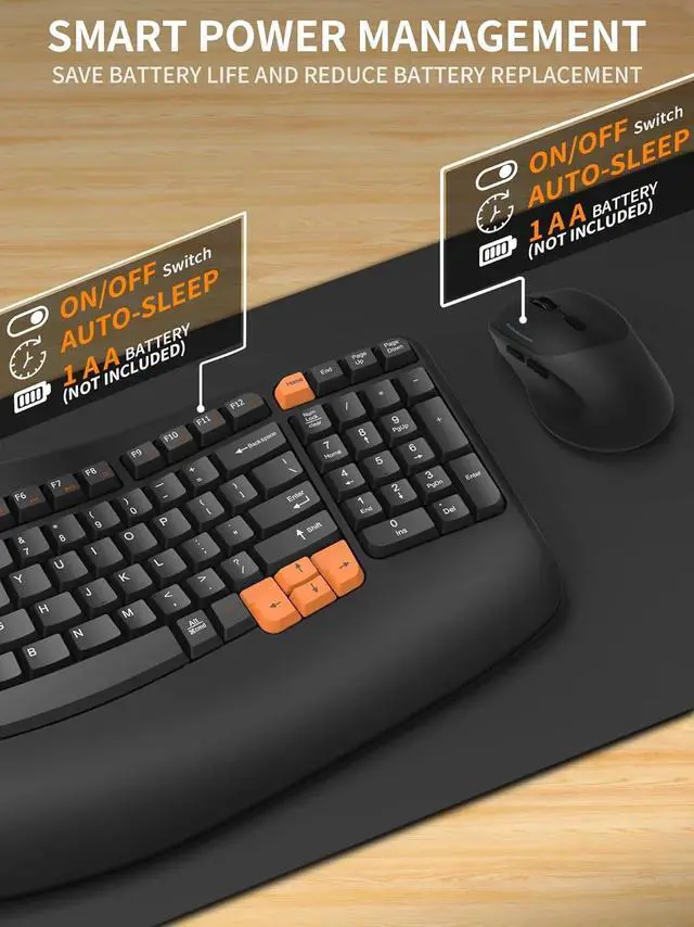 Alt view image 4 of 6 - Wireless Keyboard and Mouse Combo, 2.4G Wave Keys Ergonomic Keyboard with Palm Rest and 3 DPI Silent Mouse