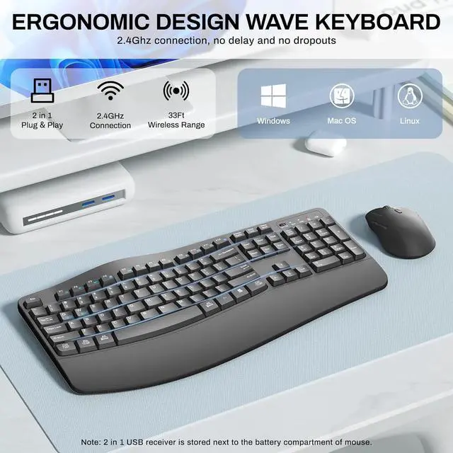Alt view image 2 of 6 - FOR-Wireless Keyboard and Mouse Combo,2.4G Full Size Wave Keys Ergonomic Keyboard with Wrist Rest for Natural Typing(Grey)