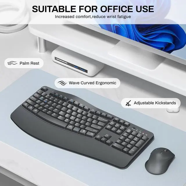 Alt view image 3 of 6 - FOR-Wireless Keyboard and Mouse Combo,2.4G Full Size Wave Keys Ergonomic Keyboard with Wrist Rest for Natural Typing(Grey)
