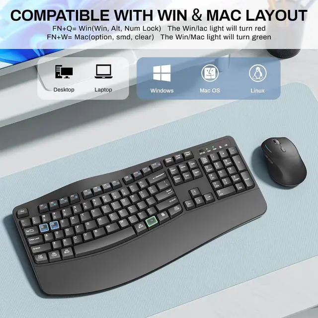 Alt view image 6 of 6 - FOR-Wireless Keyboard and Mouse Combo,2.4G Full Size Wave Keys Ergonomic Keyboard with Wrist Rest for Natural Typing(Grey)
