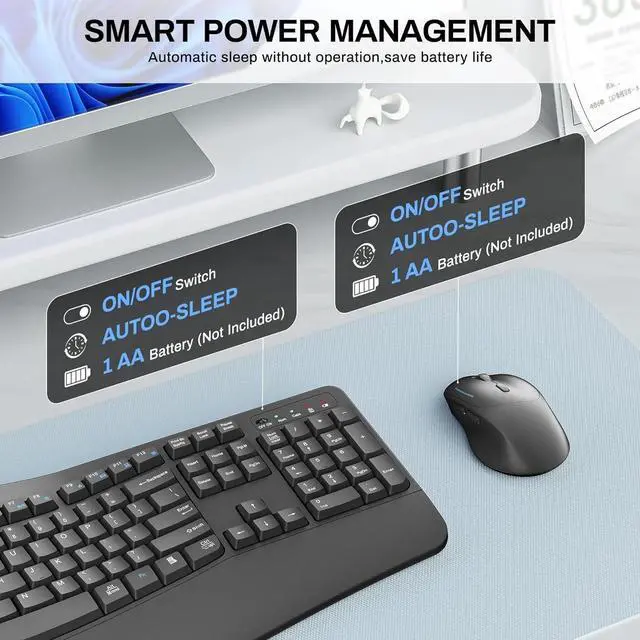 Alt view image 5 of 6 - FOR-Wireless Keyboard and Mouse Combo,2.4G Full Size Wave Keys Ergonomic Keyboard with Wrist Rest for Natural Typing(Grey)