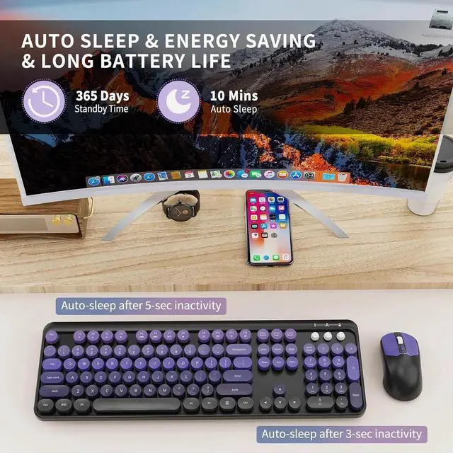 Alt view image 2 of 6 - Wireless Keyboards Mouse Combos, Creamy Keyboard, Cute Wireless Keyboard and Mouse Set (Black Purple)