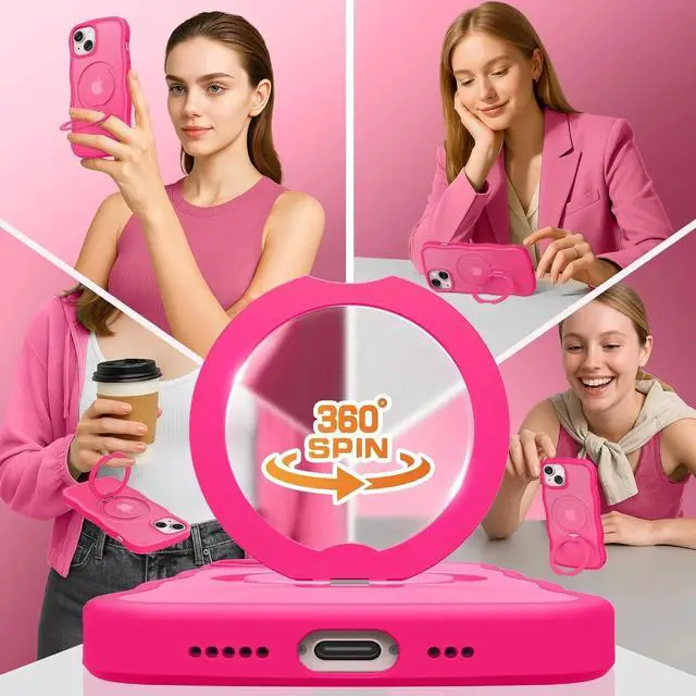 Alt view image 5 of 6 - for iPhone 13 Case & iPhone 14 Case for Women,[Compatible with Magsafe][360° Spin Magnetic Stand] Hot Pink