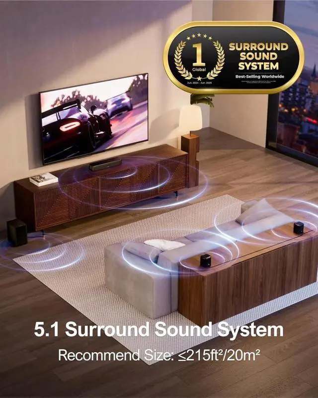 Alt view image 2 of 5 - 5.1ch Sound Bar with Subwoofer, Soundbar with App Control, 2 Surround Speakers, Opt/AUX, Peak Power 250W, Aura A30