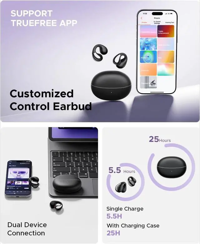 Alt view image 5 of 5 - Bluetooth 5.4 Headphones with Spatial Audio, 25H Battery, Fast Charging, Multipoint Connection, App Customization