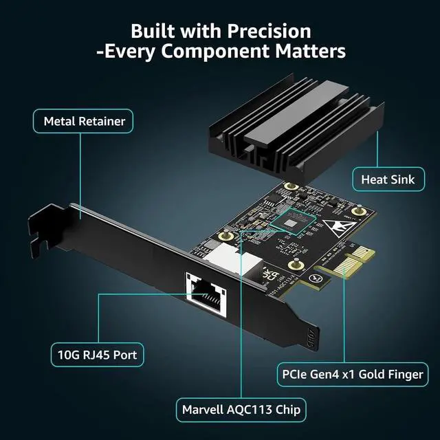 Alt view image 3 of 4 - 10G PCIe Network Card, 10G Base-T Ethernet Card with Marvell AQC113 Conrtoller, PCIE to 10Gb RJ45 Ethernet Adapter NIC Compatible