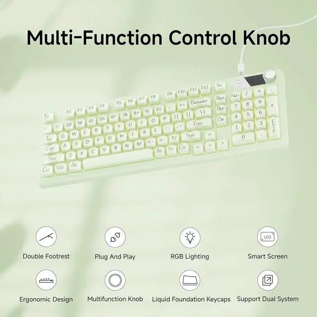 Alt view image 2 of 4 - 98 Keys Creamy Gaming Keyboard with Number Pad, Display Screen & Media Knob RGB Silent Wired Computer Keyboard for Laptop PC Gamer - Green