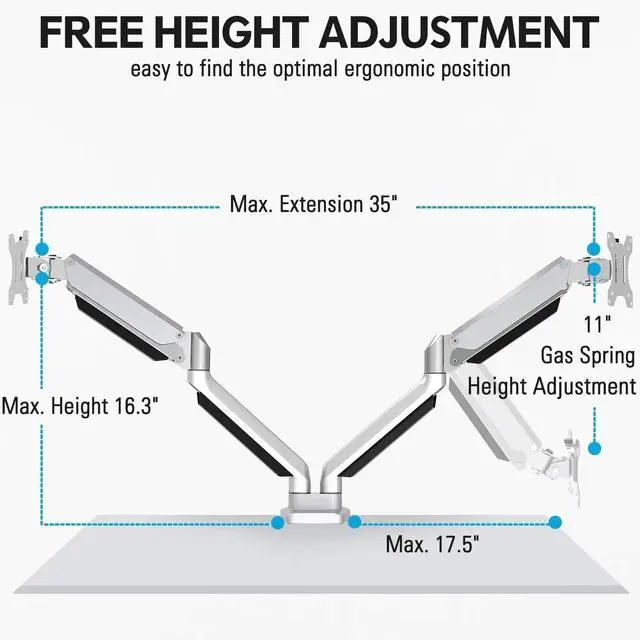 Alt view image 4 of 5 - Die-Cast Aluminum Fully Adjustable Double Monitor Arm with Gas Spring, Computer Monitor Stand Fits 2 Screen 17 to 32 inch