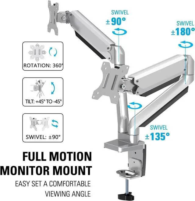 Alt view image 3 of 5 - Die-Cast Aluminum Fully Adjustable Double Monitor Arm with Gas Spring, Computer Monitor Stand Fits 2 Screen 17 to 32 inch
