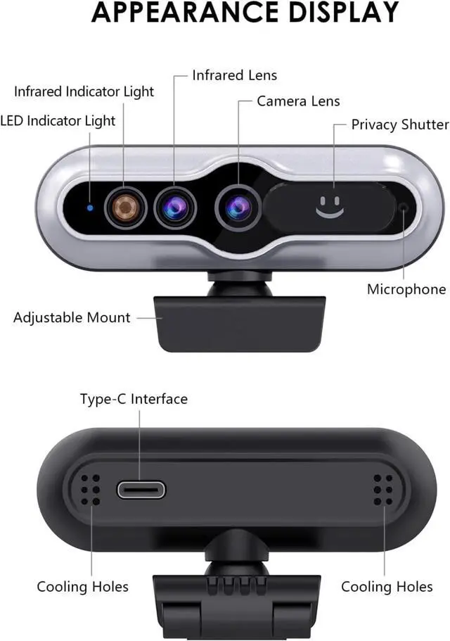 Alt view image 2 of 6 - 2K HD Webcam with Infrared Windows Hello Facial Recognition, Computer Camera, Privacy Cover, Noise Canceling Microphones