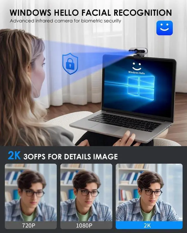 Alt view image 3 of 6 - 2K HD Webcam with Infrared Windows Hello Facial Recognition, Computer Camera, Privacy Cover, Noise Canceling Microphones