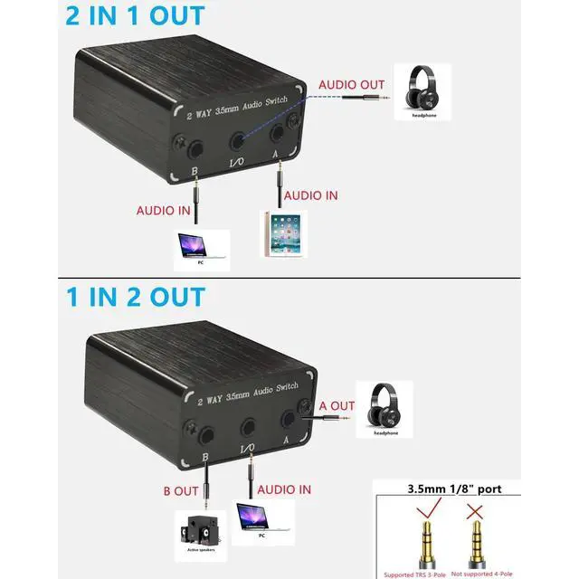Alt view image 5 of 6 - SPRODIO 2 Port 3.5mm Stereo Audio Switch Box AUX Headphone Speaker Manual selector switcher Use 6A Toggle Switch (2 in 1 Out / 1 in 2 Out) -T21